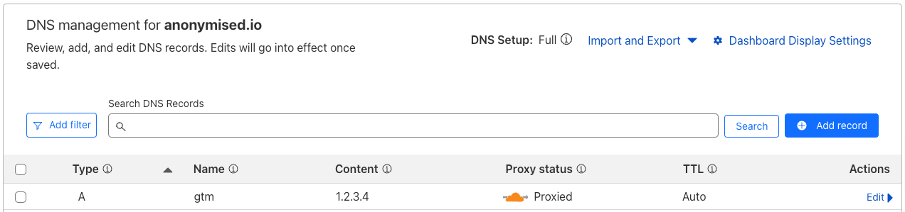Example of the required DNS entry