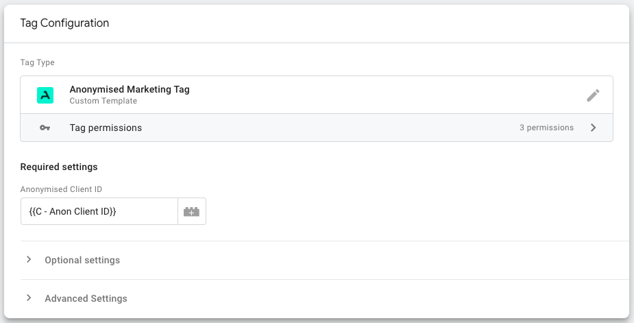 Anonymised marketing tag required settings