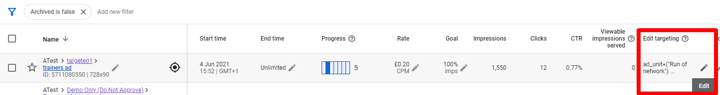 Line item - edit targeting