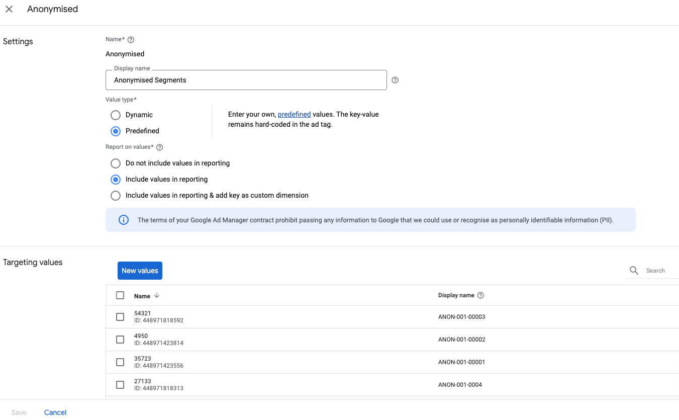 Anonymised segment as targeting values in Google Ad Manager