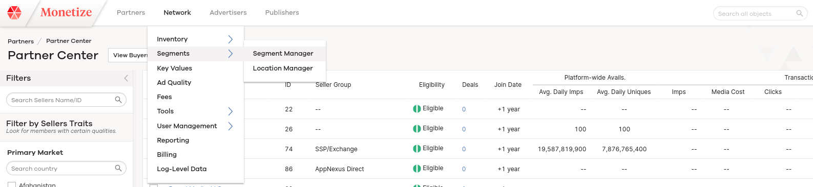 Segment manager in Xandr Monetize
